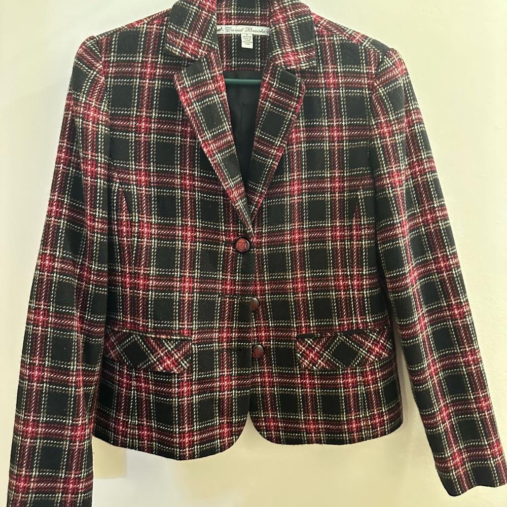 David Brooks Wool Plaid Blazer Black Red Lined Vintage Petite 4
